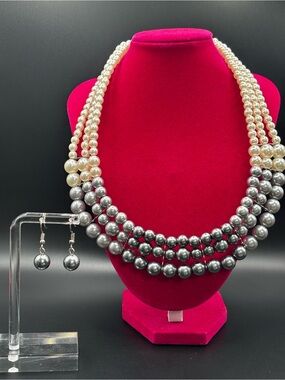 NWOT silver ombre triple layered faux pearl statement necklace with earrings